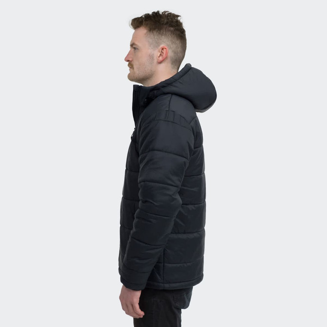A man wearing a navy puffer jacket with a hood, displayed in a side view. The jacket has a logo on it.