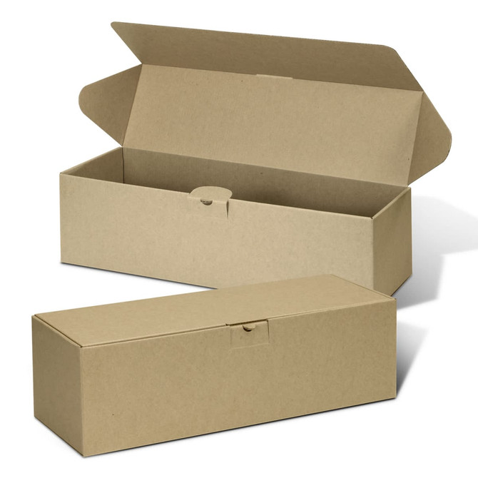 A brown die cut box with a locking lid, featuring an open and closed position. It has a simple design and a brand logo.