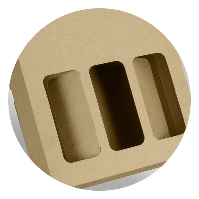 A wine carry pack in a natural brown shade, featuring three compartments for bottles and a logo.