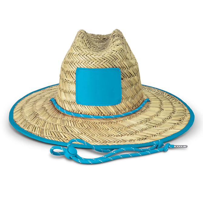A straw Tiki hat with a wide brim and a turquoise band, featuring a plain patch on the front.