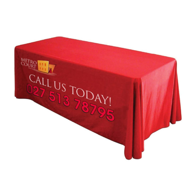 A red table cover throw for an 8-foot table, featuring a logo and contact information.