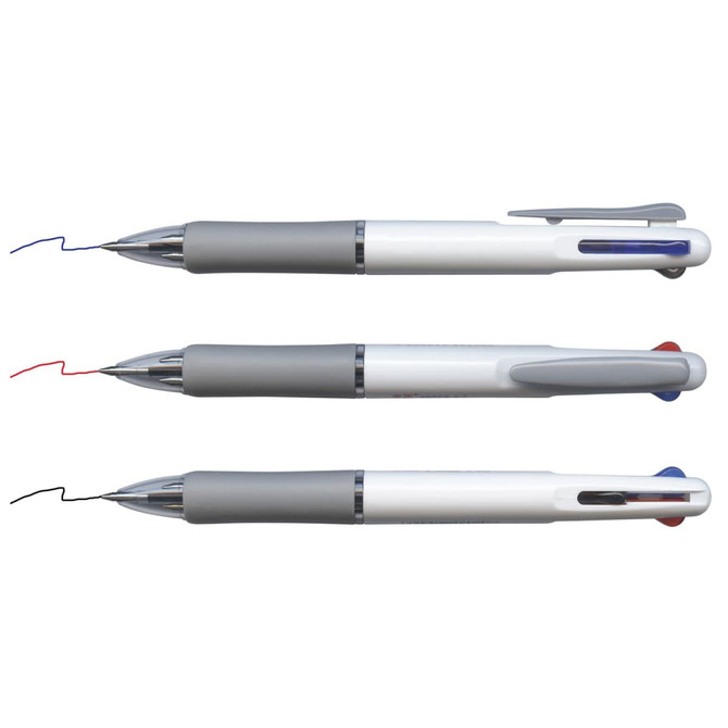 A multi pen featuring three colours: black, blue, and red, with grey grips and a clip for convenience.