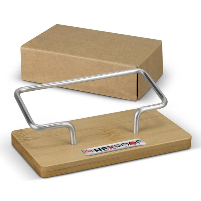 A bamboo business card stand with a silver metal holder, accompanied by a brown craft box.