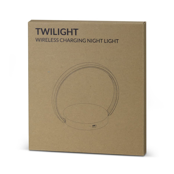 A brown cardboard box featuring a sketch of a circular wireless charging night light with a handle.