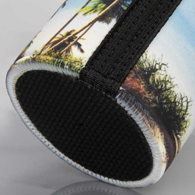 A drink bottle holder featuring a colourful tropical design with palm trees and a black textured base.