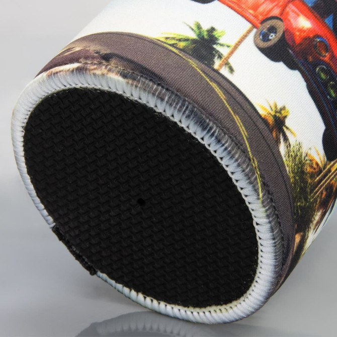 A stubby holder featuring a vibrant design with a red car and palm trees, predominantly in shades of green and blue.