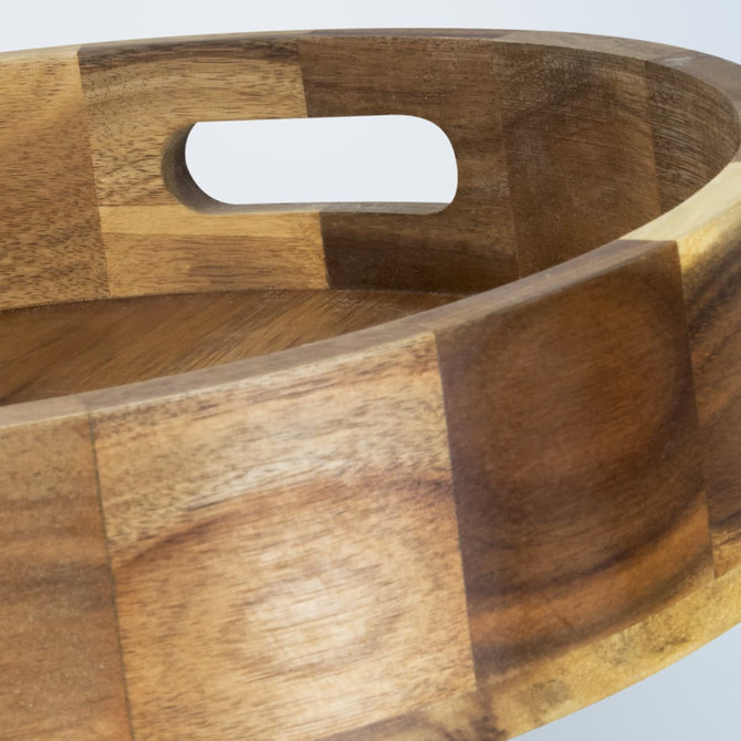 A wooden platter tray with a checkered pattern and a cut-out handle, showcasing warm tones of browns and honey.