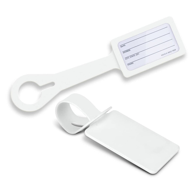 A white silicone luggage tag featuring a blank label for personal details and a loop for attachment.