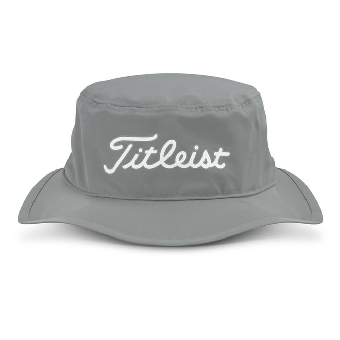 A grey bucket hat featuring a logo on the front and a wide brim for sun protection.