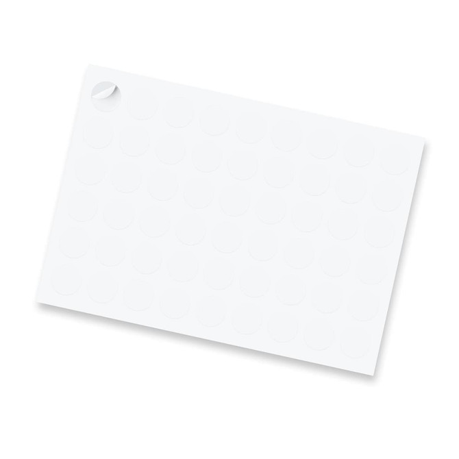 A sheet of matte stickers featuring 26mm circular designs in white, with a portion peeled back.