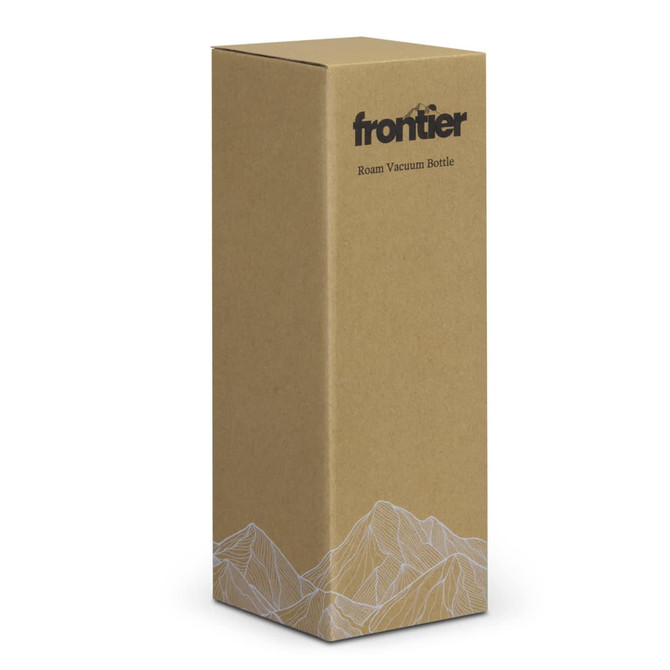 A drink bottle packaging in a brown cardboard box with a mountain line drawing and a logo.