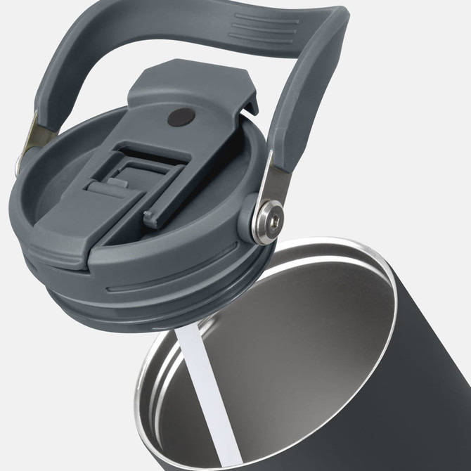 A drink bottle with a grey lid and spout, featuring a stainless steel body. It has a logo on the side.