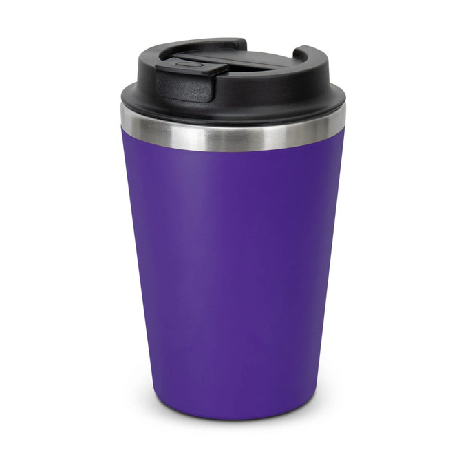 A purple coffee cup with a black lid and stainless steel band, featuring a logo on the side.