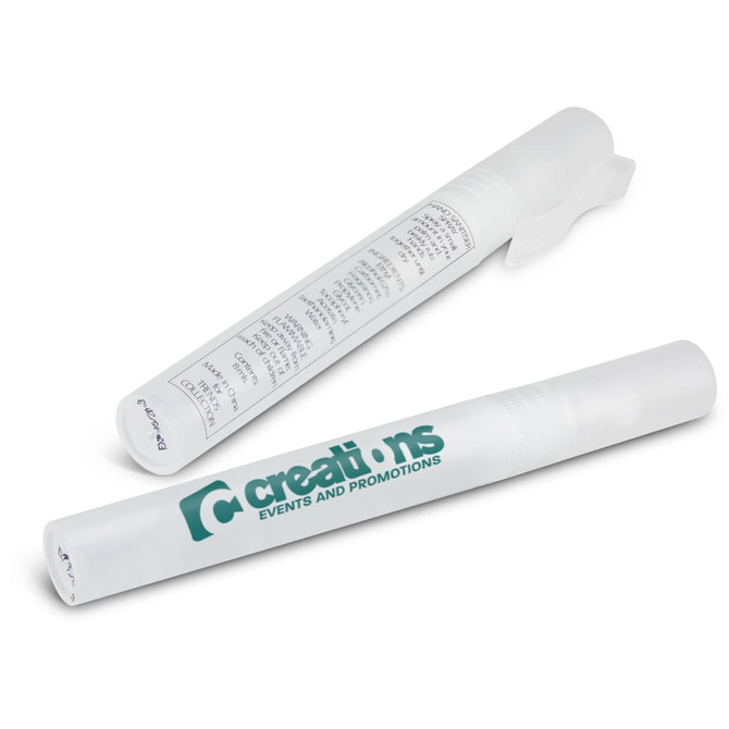 A white hand sanitiser stick with a spray nozzle. The stick has a logo and instructions printed on it.