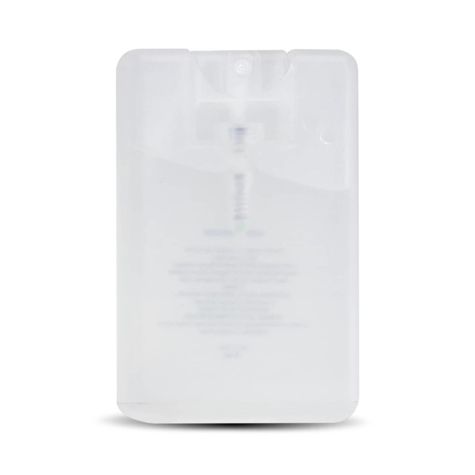 A transparent hand sanitiser card with a sleek design, featuring a small nozzle for dispensing.