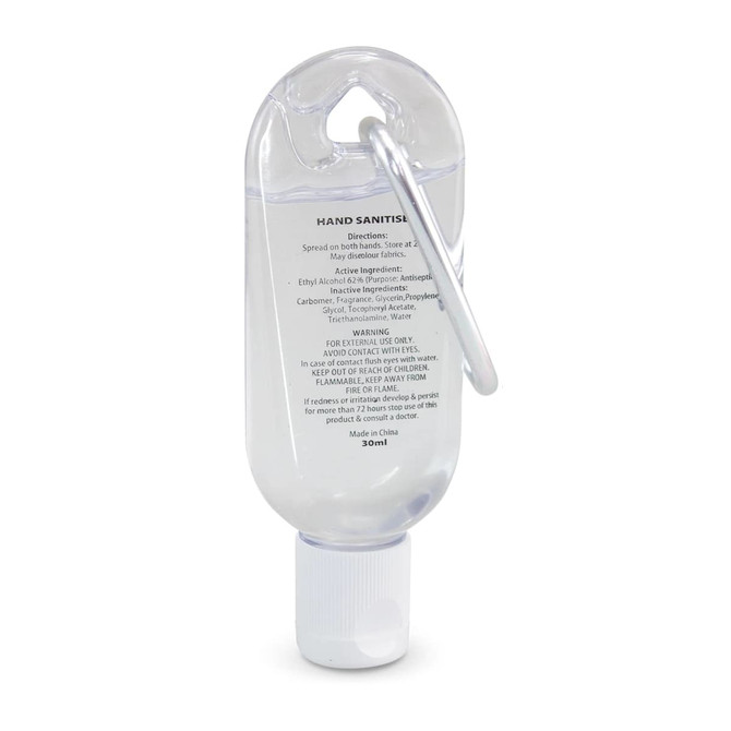 A clear 30ml hand sanitiser bottle with a carabiner attached. The bottle features a white flip-top cap.