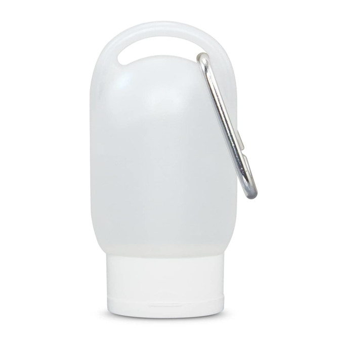 A transparent gel hand sanitiser bottle with a silver carabiner, featuring a white cap.