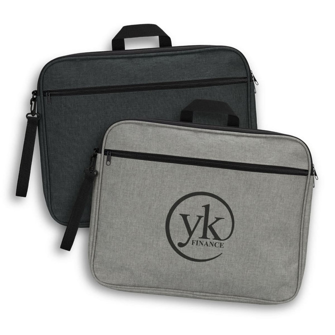 A pair of satchels in dark green and grey, featuring zippers and handles, with a logo on the lighter one.