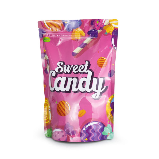 A medium pink foil stand-up pouch with colourful candy graphics and a logo. Ideal for packaging sweets.