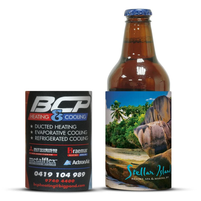 A drink bottle in a neoprene stubby holder featuring a scenic beach image and vibrant colours. The holder has a logo.