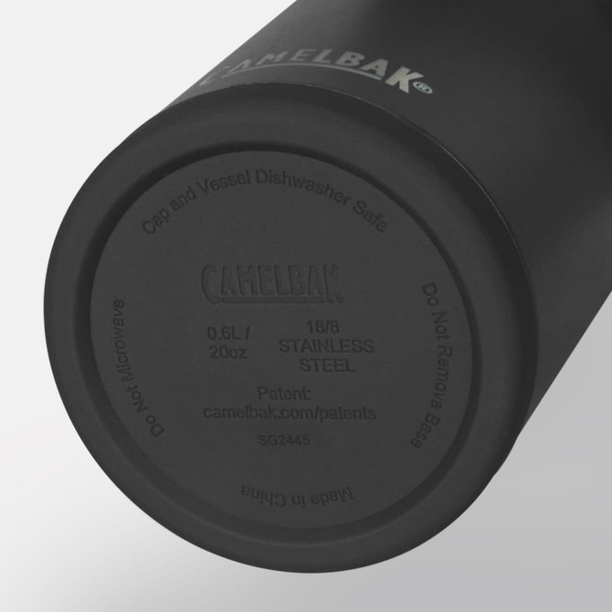 A drink bottle in sleek black stainless steel featuring a base with branding. Ideal for maintaining beverage temperature.