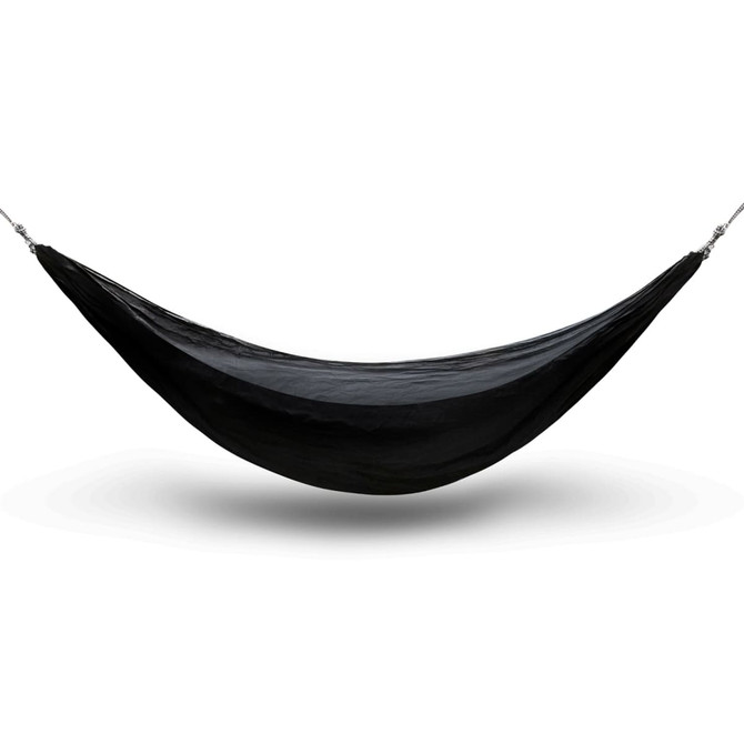 A black outdoor hammock with a smooth surface, featuring metallic attachment points on each end.