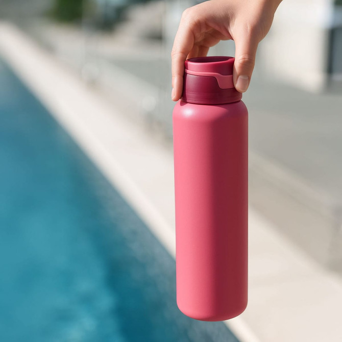 A drink bottle in a vibrant pink colour, being held by a hand near a swimming pool. It features a logo.