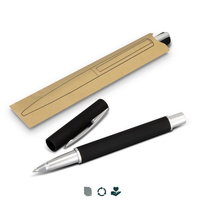 A rollerball pen with a black barrel and silver accents, presented with a brown envelope packaging.