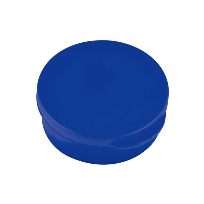 A round blue case designed for storage, likely for small electronic accessories or earbuds.