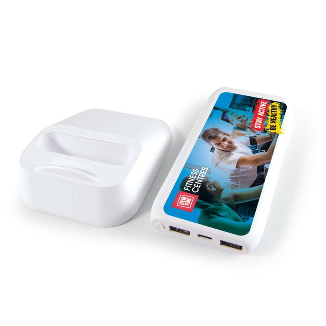 A white power bank with multiple ports and a colorful graphic design on one side.