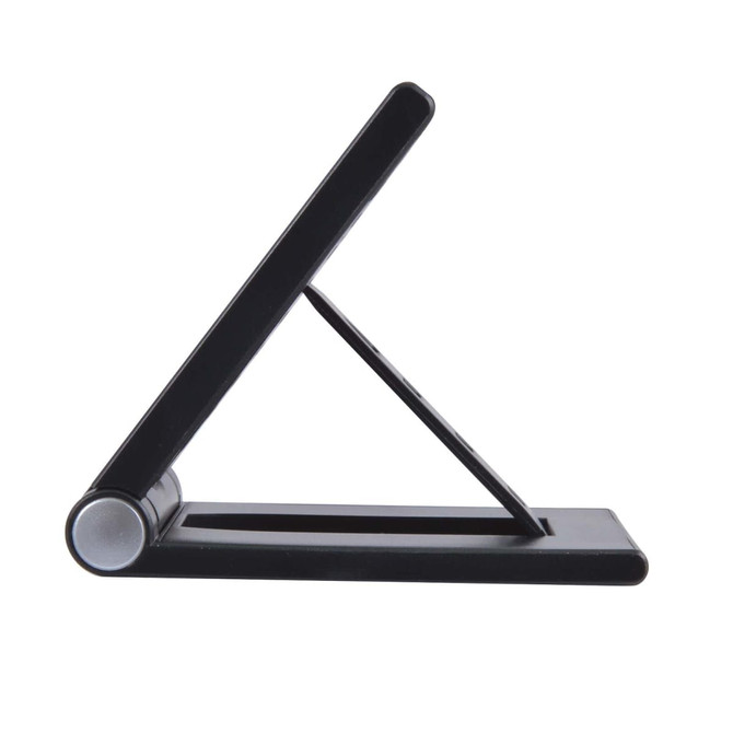 A black wireless charger with a sleek, foldable design and a circular base. It has a minimalist appearance.
