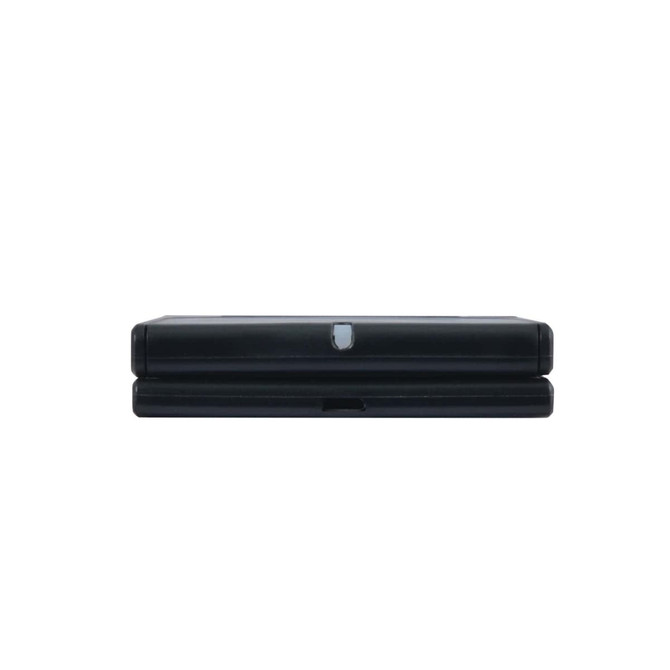 A black wireless charger featuring a sleek design and a logo, with a charging port on the bottom.