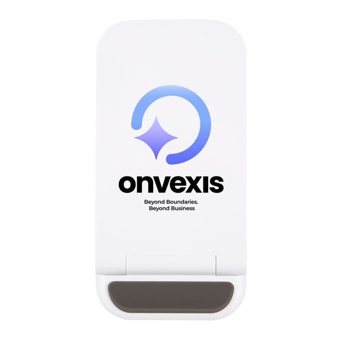 A white wireless charger with a rounded design, featuring a logo and a smooth surface.