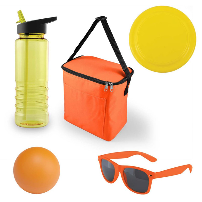 A yellow drink bottle, orange cooler bag, orange ball, yellow frisbee, and orange sunglasses arranged together.