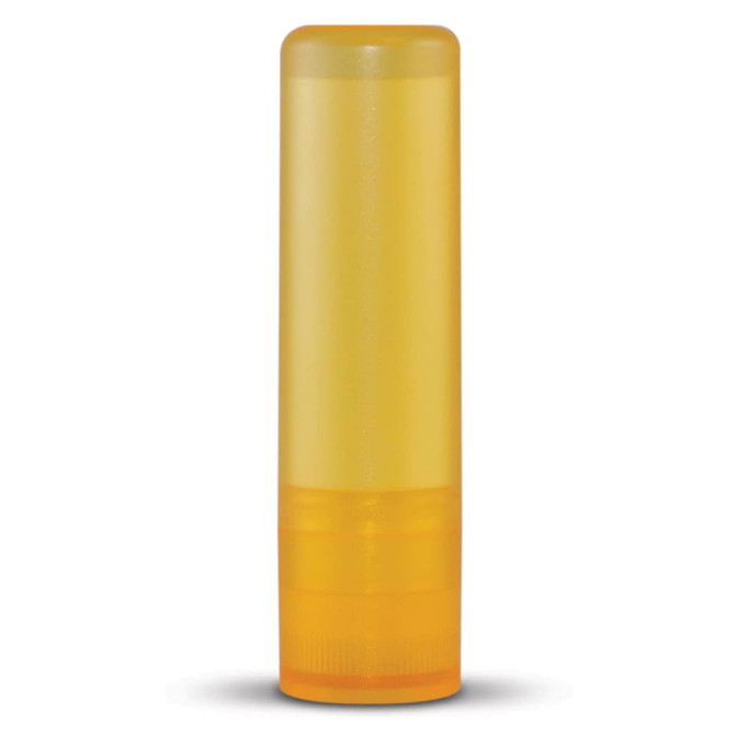 A tube of yellow lip balm with a twist-up applicator.