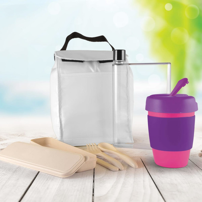 A picnic set featuring a white bag, a transparent drink bottle, a purple cup with a pink base, and beige utensils and containers.