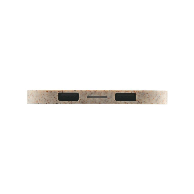 A wireless charger hub in a light beige color with textured surface and USB ports on the side.