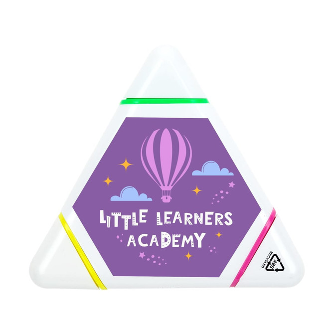 A triangular highlighter with yellow, green, and pink ends, featuring a decorative purple label and a logo.