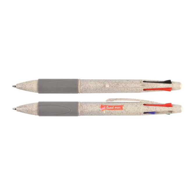 A pen featuring four colors: black, blue, red, and green, with a speckled gray barrel and a branding logo.