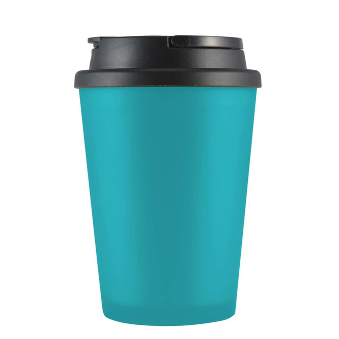 A drink cup in a teal color with a black lid, designed for holding beverages.