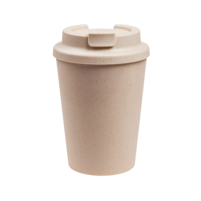 A drink bottle made of eco-friendly material, featuring a beige reusable coffee cup with a comfort lid and branding.