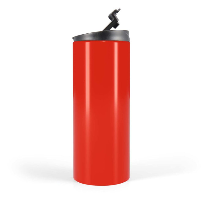 A travel mug featuring a sleek, red design with a black lid and a flip-top opening.