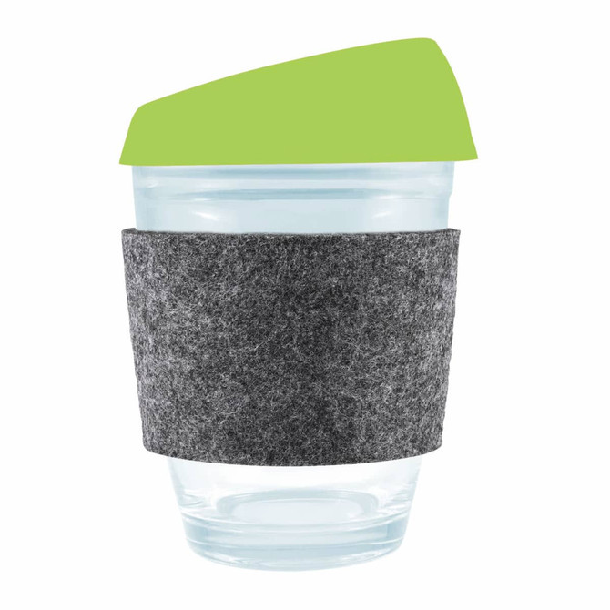 A reusable coffee cup featuring a clear design, a green silicone lid, and a gray felt band for grip.