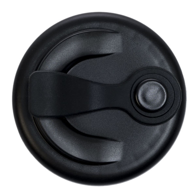 A black snap lid designed for a reusable coffee cup, featuring a secure closure and a textured grip.
