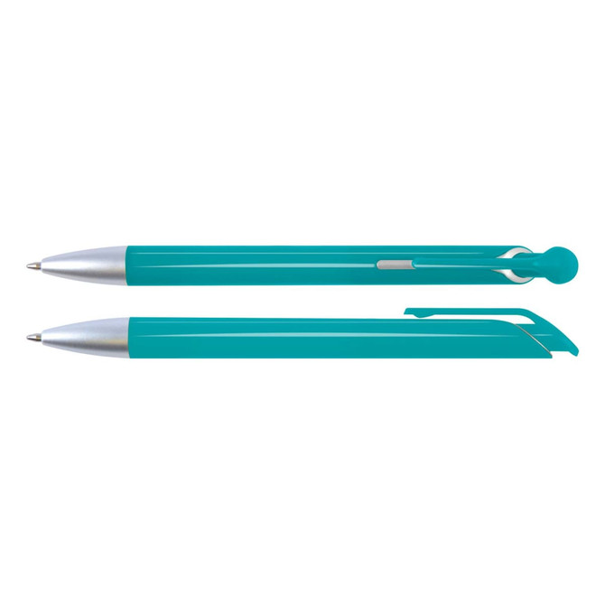 A teal plastic pen with a silver clip and tip, featuring a sleek design and a rounded end. It includes a logo.