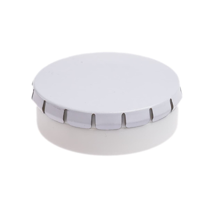 A mint tin with a white lid, designed for holding mints.