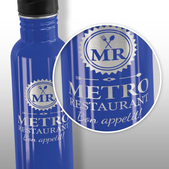 A drink bottle in a vibrant blue colour featuring a logo and text design.