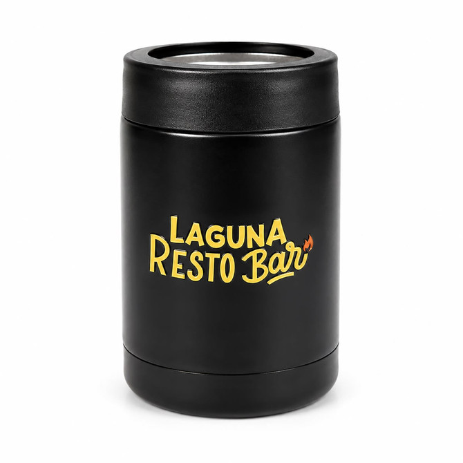 A drink bottle cooler in black with a logo displayed on the surface. It features a cylindrical design.