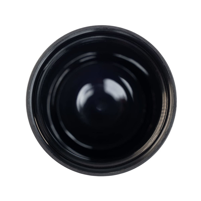 A reusable coffee cup in solid black with a smooth interior and a simple design, featuring a logo.