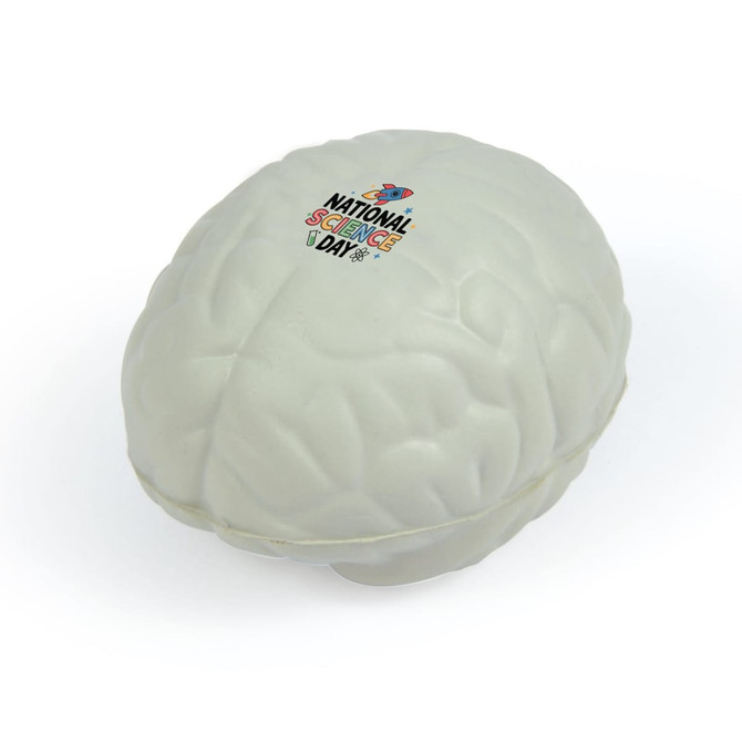 A white brain-shaped stress ball with a logo on the surface, designed for stress relief and fun.